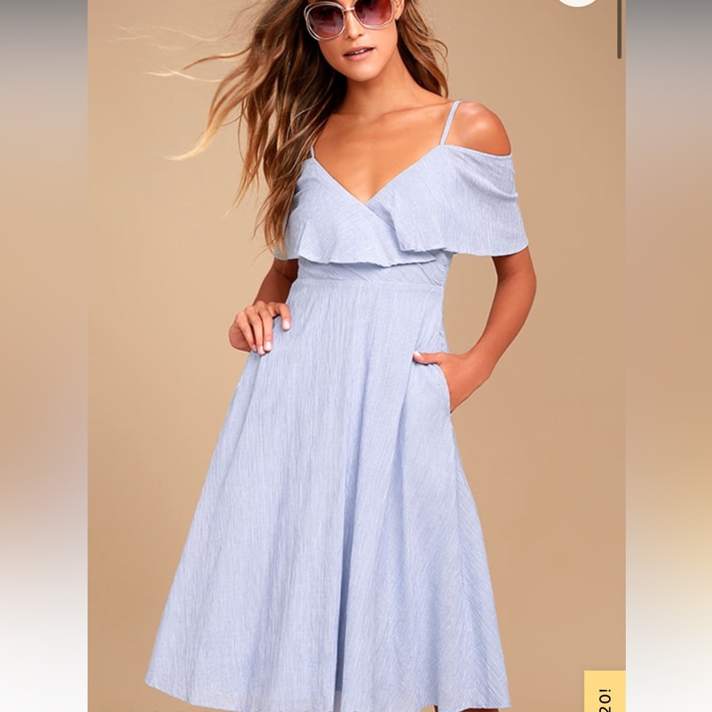 Lulus “Yacht Rock Blue and White Striped” Off-the-Shoulder Midi Dress